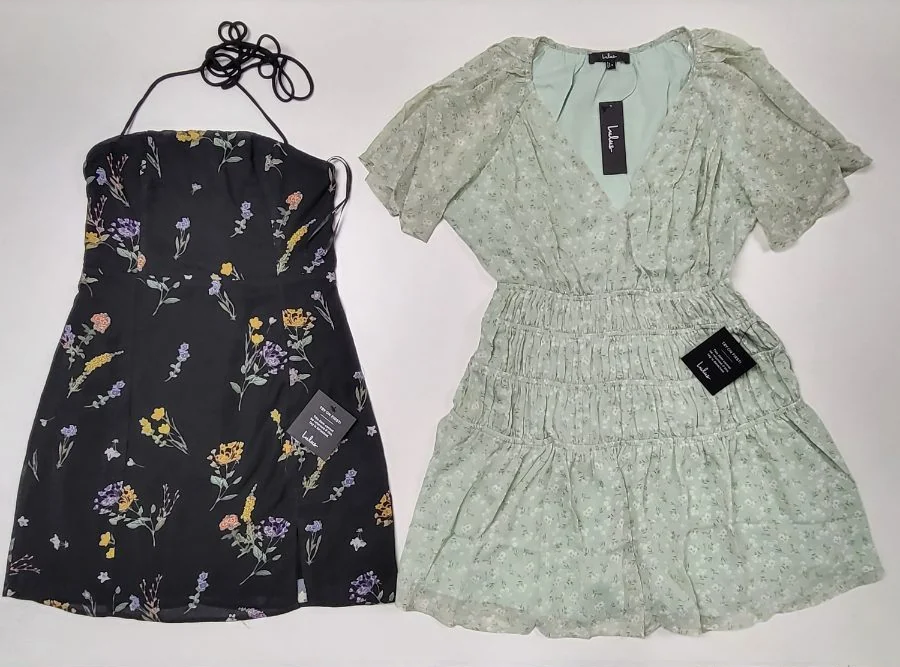 NWOT-L-000009 — black floral and light green dresses, exact warehouse photo crop