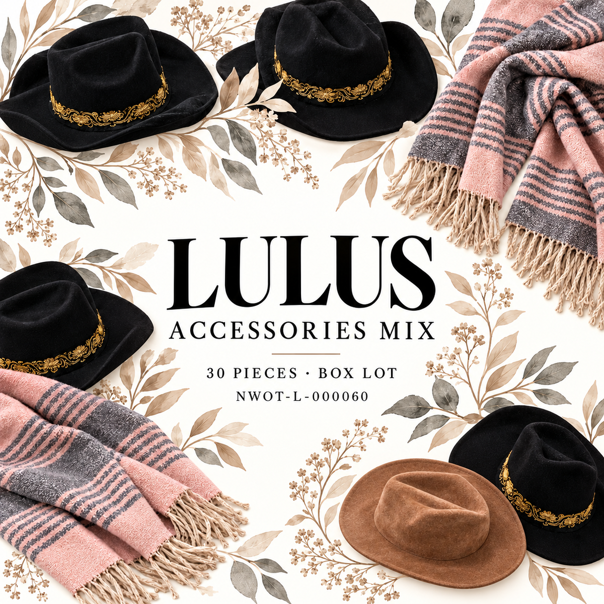 LULUS accessories mix — 30 pieces, box lot NWOT-L-000060. Styled draft cover; see original lot photos.