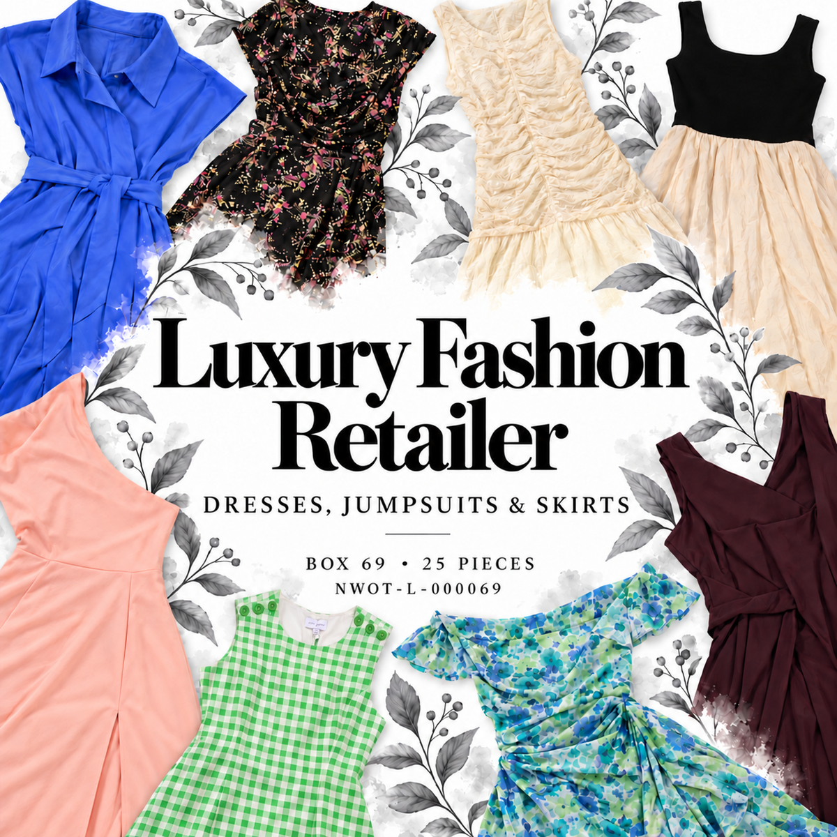 Luxury Fashion Retailer — Dresses, Jumpsuits & Skirts — Box69,25pieces — NWOT-L-000069. Styled cover from this lot's original photos. Candidate SHA256 f7b8085678cdd44376f558bc4c3fd6de7216ab867748c9012ec2cc7be4a67aa9