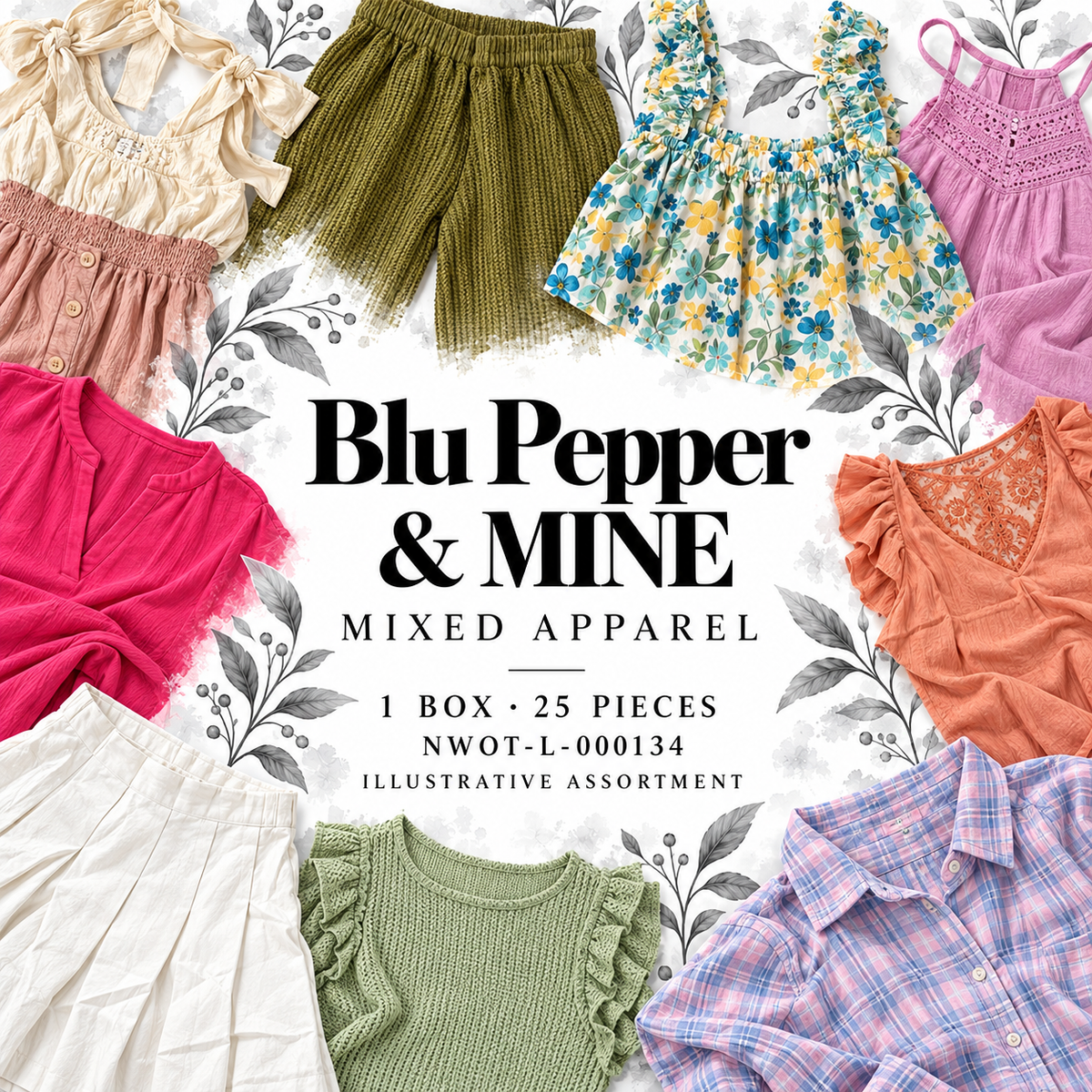 Blu Pepper & MINE mixed apparel; 1 box, 25 pieces; NWOT-L-000134; illustrative assortment