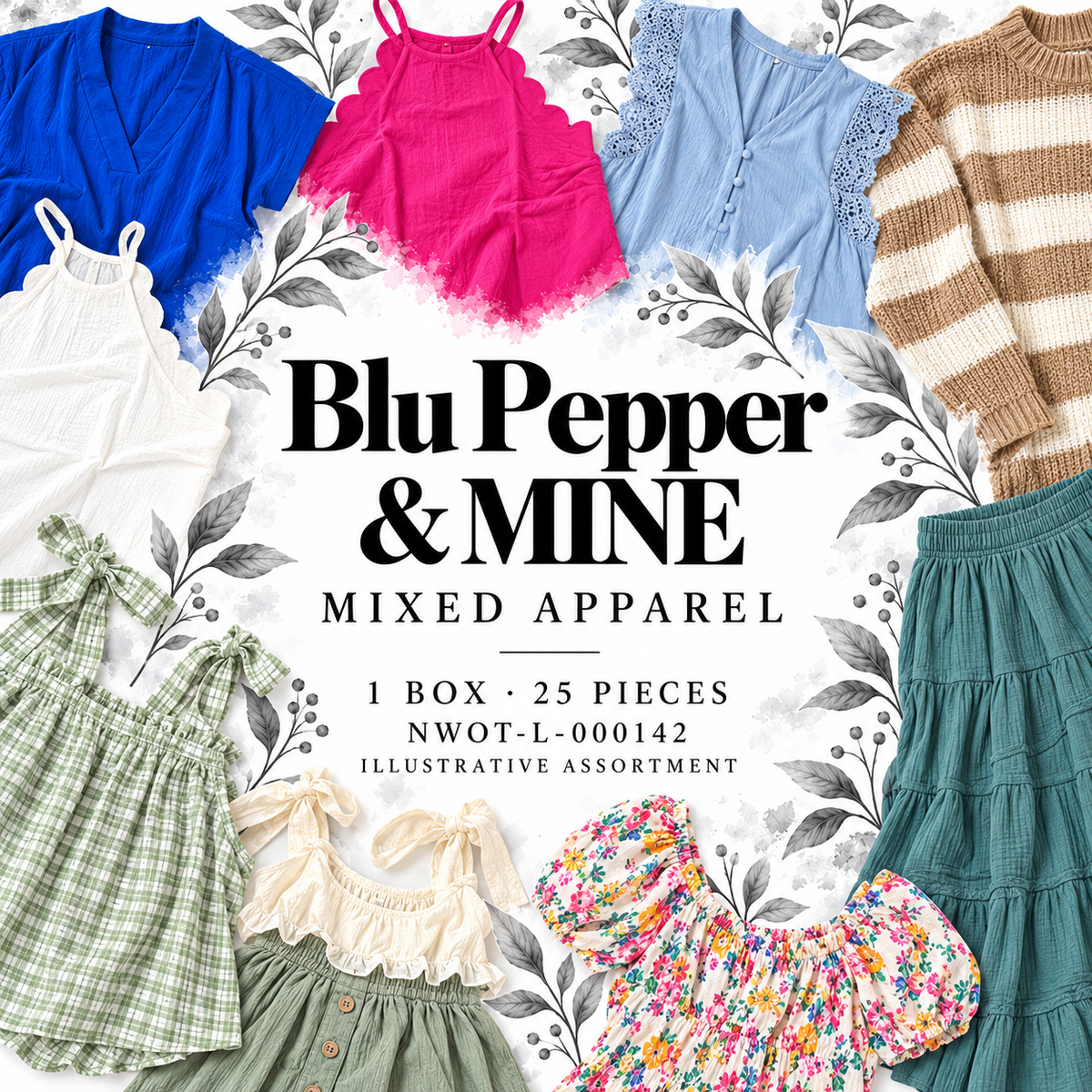 Blu Pepper & MINE mixed apparel; 1 box, 25 pieces; NWOT-L-000142; illustrative assortment