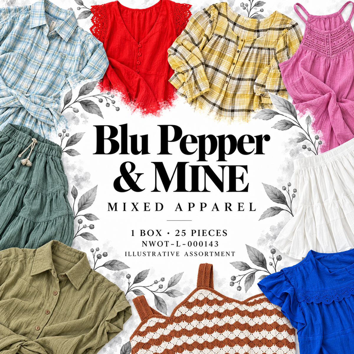 Blu Pepper & MINE mixed apparel; 1 box, 25 pieces; NWOT-L-000143; illustrative assortment