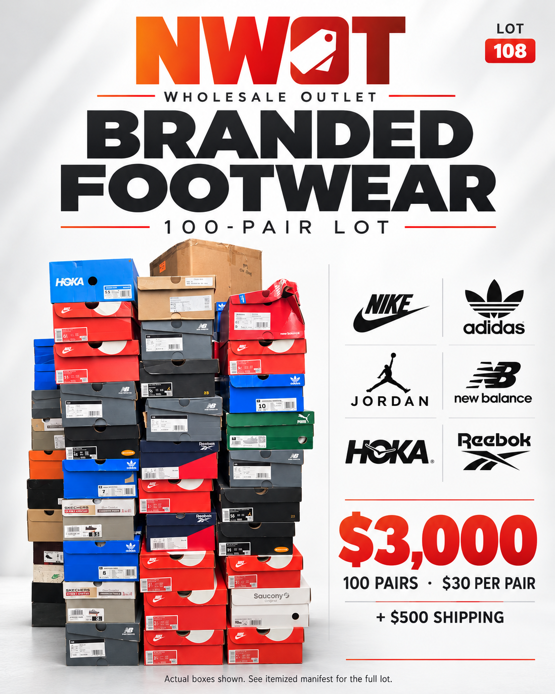 NWOT Lot 108 — 100-pair branded footwear lot; actual box photograph composite, $3,000 merchandise plus $500 shipping