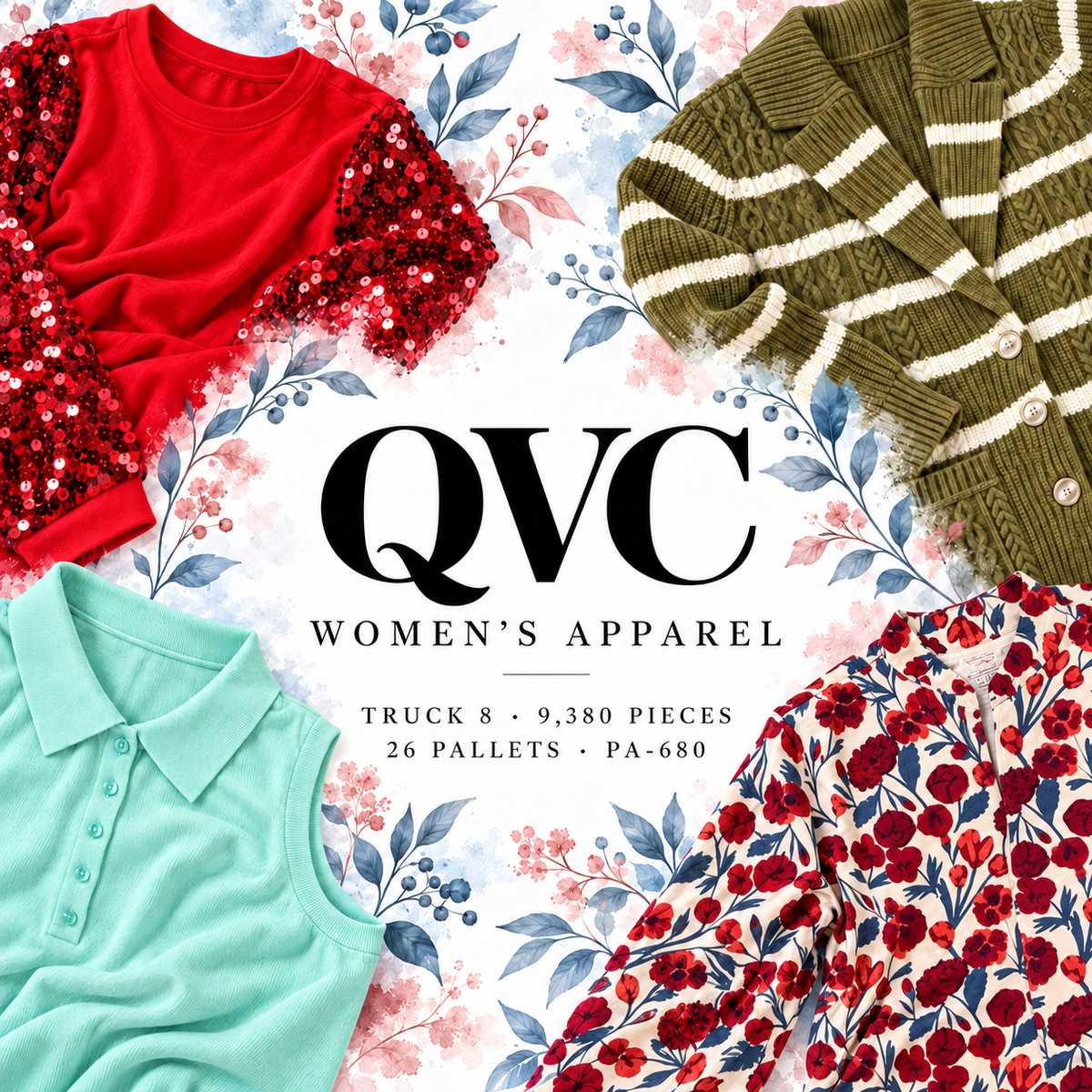 QVC truck 8, PA-680 — 9,380 pieces across 26 pallets; editorial cover styled from this truck's own merchandise photos.