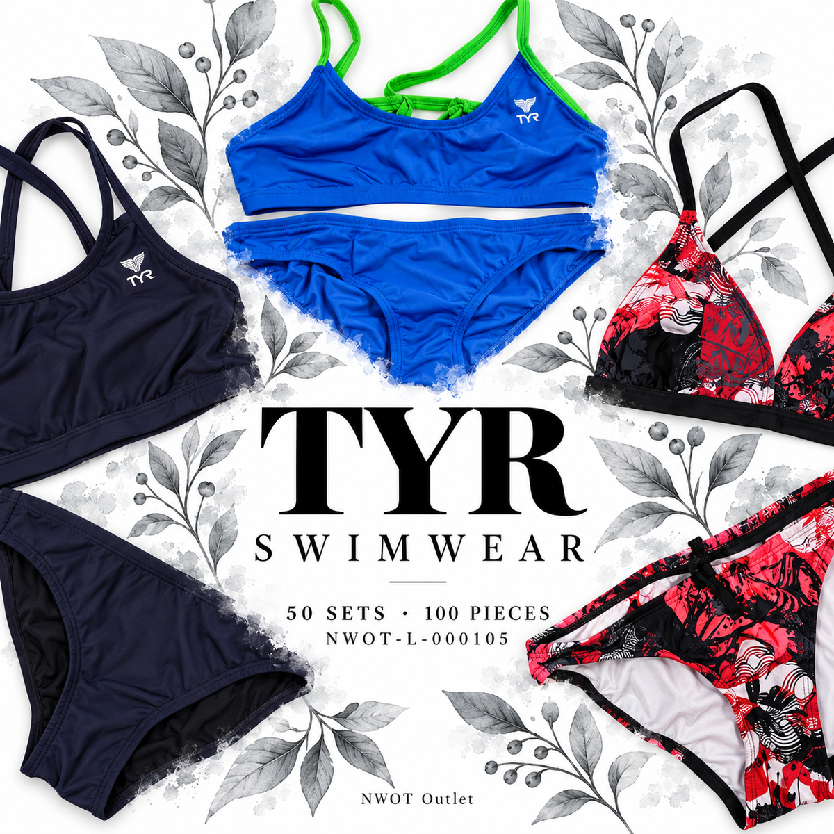 TYR swimwear, 50 sets / 100 pieces, lot NWOT-L-000105. Representative assortment cover.
