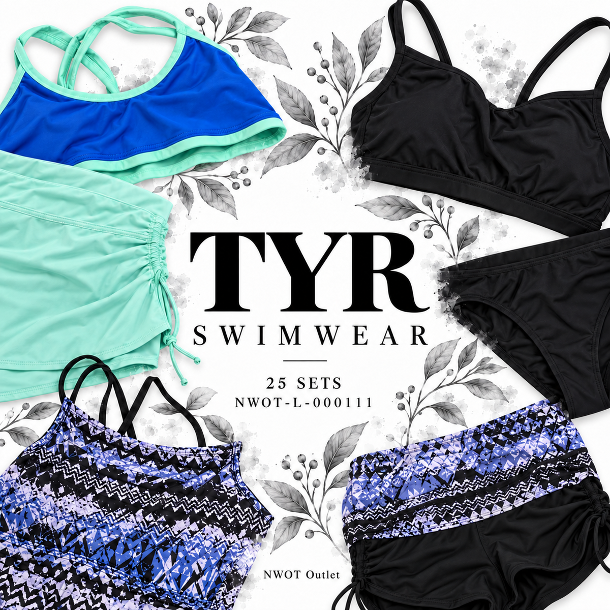TYR swimwear — 25 sets / 50 physical pieces — NWOT-L-000111. Representative assortment cover.