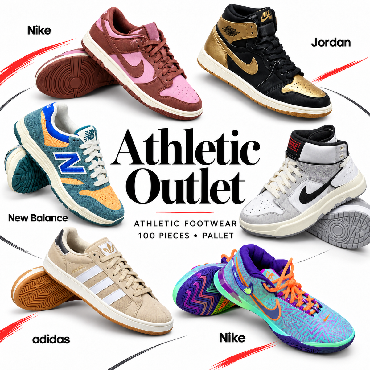 Athletic Outlet athletic footwear assortment — 100 pieces per pallet; styled cover based on listing photos
