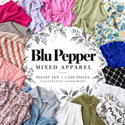Blu Pepper mixed apparel pallet lot, 1,250 pieces. Illustrative assortment based on actual warehouse photographs.