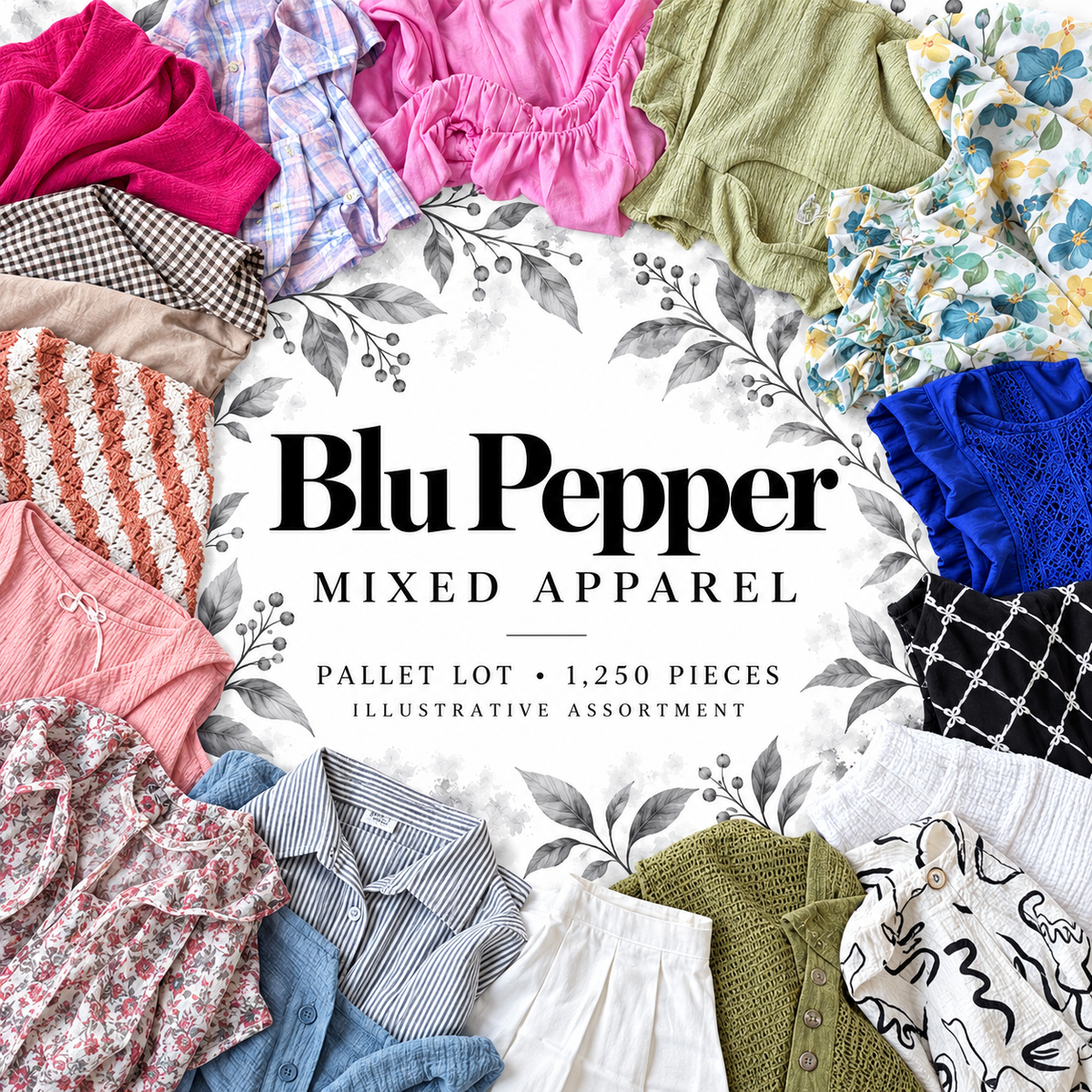 Blu Pepper mixed apparel pallet lot, 1,250 pieces. Illustrative assortment based on actual warehouse photographs.