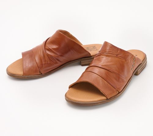 A575688 — Miz Mooz Leather Wide Width Slide Sandals - Dandelion — Brandy; QVC stock photo matched to lot manifest