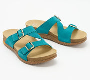 A596702 — Dansko Leather Buckled Slide Sandals - Dayna — Teal; QVC stock photo matched to lot manifest