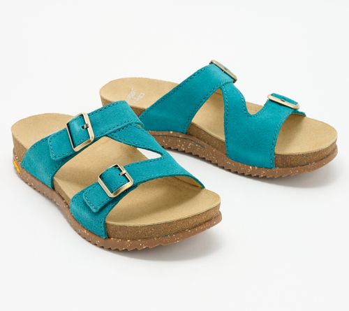 A596702 — Dansko Leather Buckled Slide Sandals - Dayna — Teal; QVC stock photo matched to lot manifest