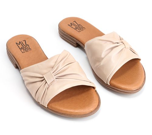 A635829 — Miz Mooz Wide Width Leather Ruched Slide Sandals- Daisey — Cream; QVC stock photo matched to lot manifest