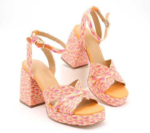 A642850 — Marc Fisher LTD Raffia Platform Sandals - Janie-QV — Pink Multi; QVC stock photo matched to lot manifest