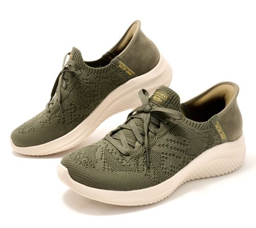 A645271 — Martha Stewart x Skechers Slip-ins Ultra Flex Crochet Shoes — Olive; QVC stock photo matched to lot manifest