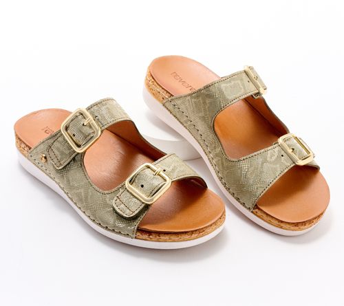 A647485 — Revere Leather Double Buckle Slide Sandals Brighton — Khaki Diamond; QVC stock photo matched to lot manifest