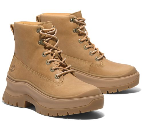 A660181 — Timberland Roxie Lane Leather Lug Lace-Up Boots — Medium Brown; QVC stock photo matched to lot manifest
