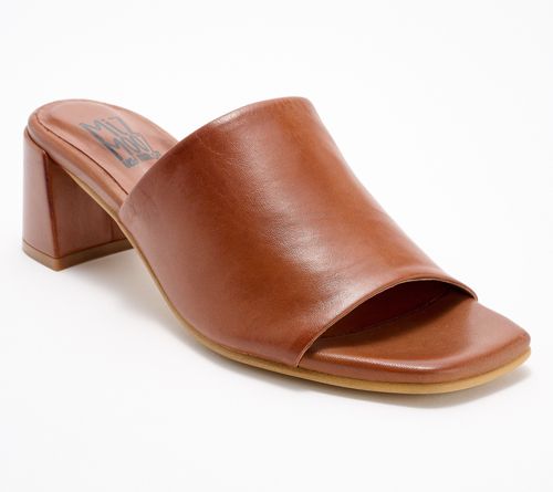 A684450 — Miz Mooz Leather Heeled Mules - Kaye — Brandy; QVC stock photo matched to lot manifest