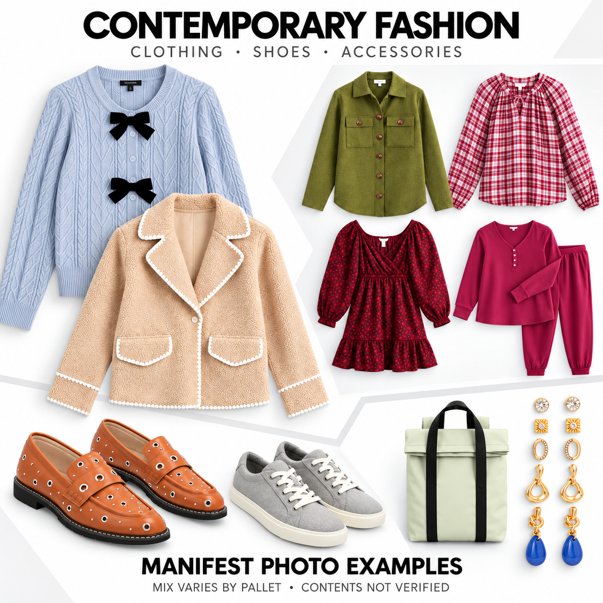 Supplier manifest examples of clothing, shoes and accessories. Mix varies by pallet; exact physical contents not verified.