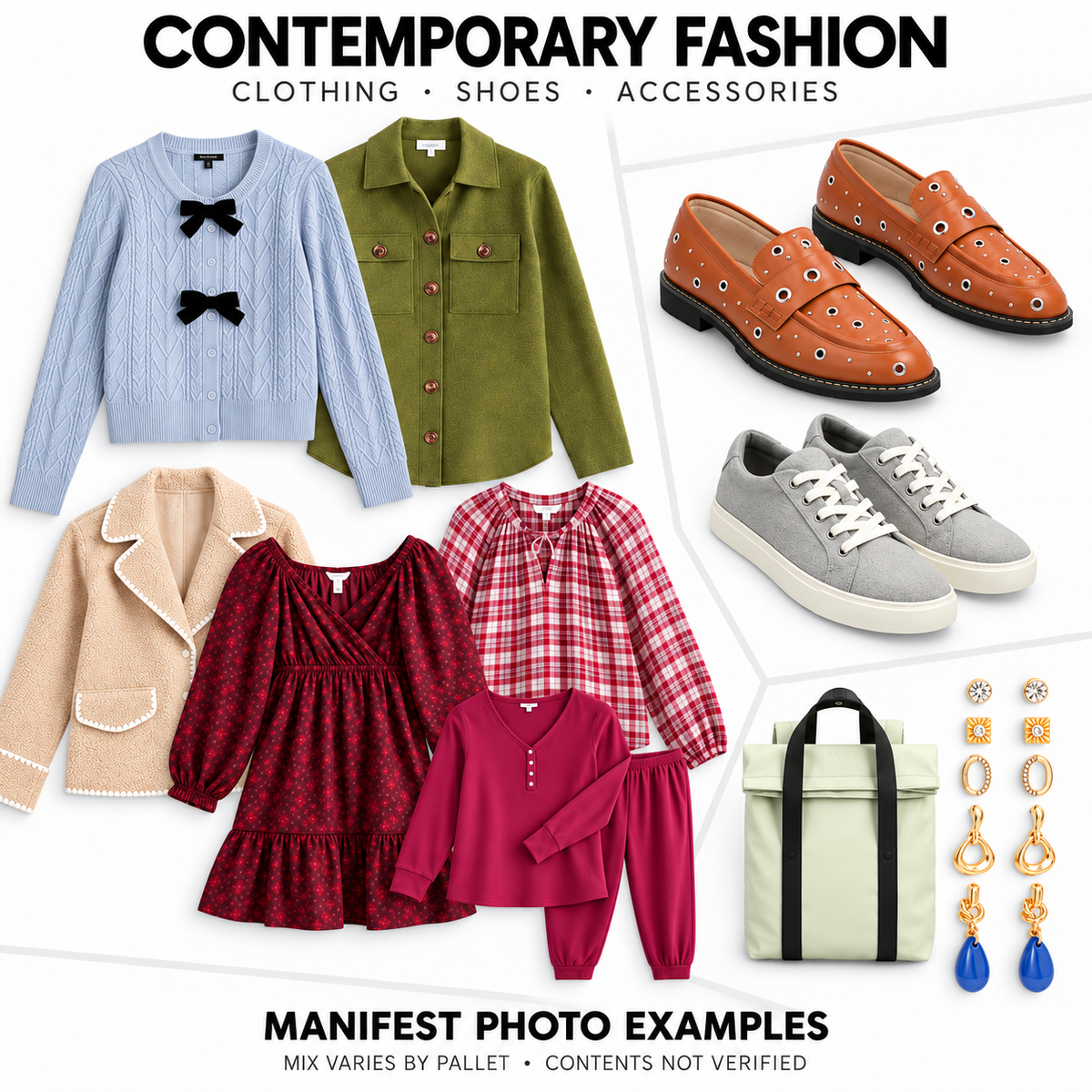Supplier manifest examples of clothing, shoes and accessories. Mix varies by pallet; exact physical contents not verified.