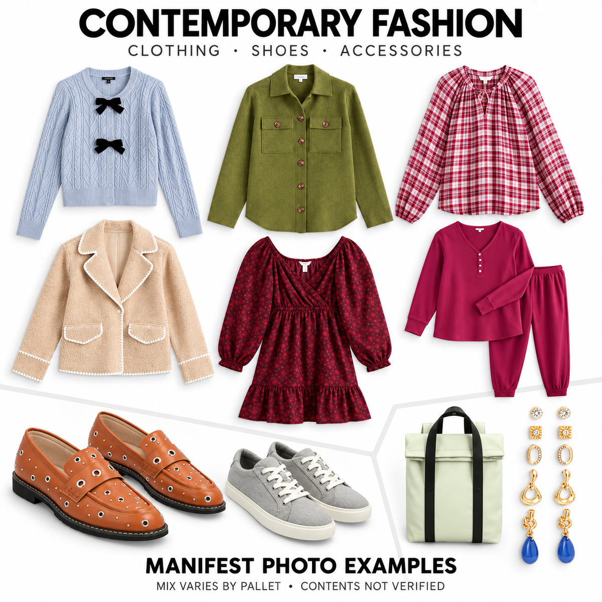 Supplier manifest examples of clothing, shoes and accessories. Mix varies by pallet; exact physical contents not verified.