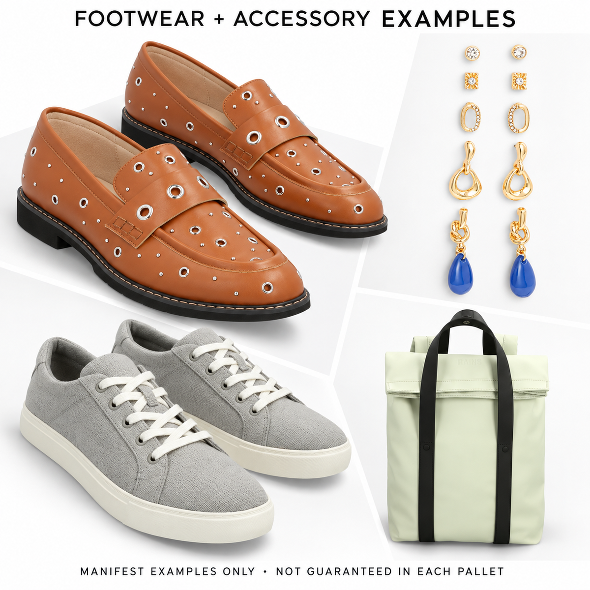 Stylized supplier manifest footwear and accessory examples; not guaranteed in this pallet.