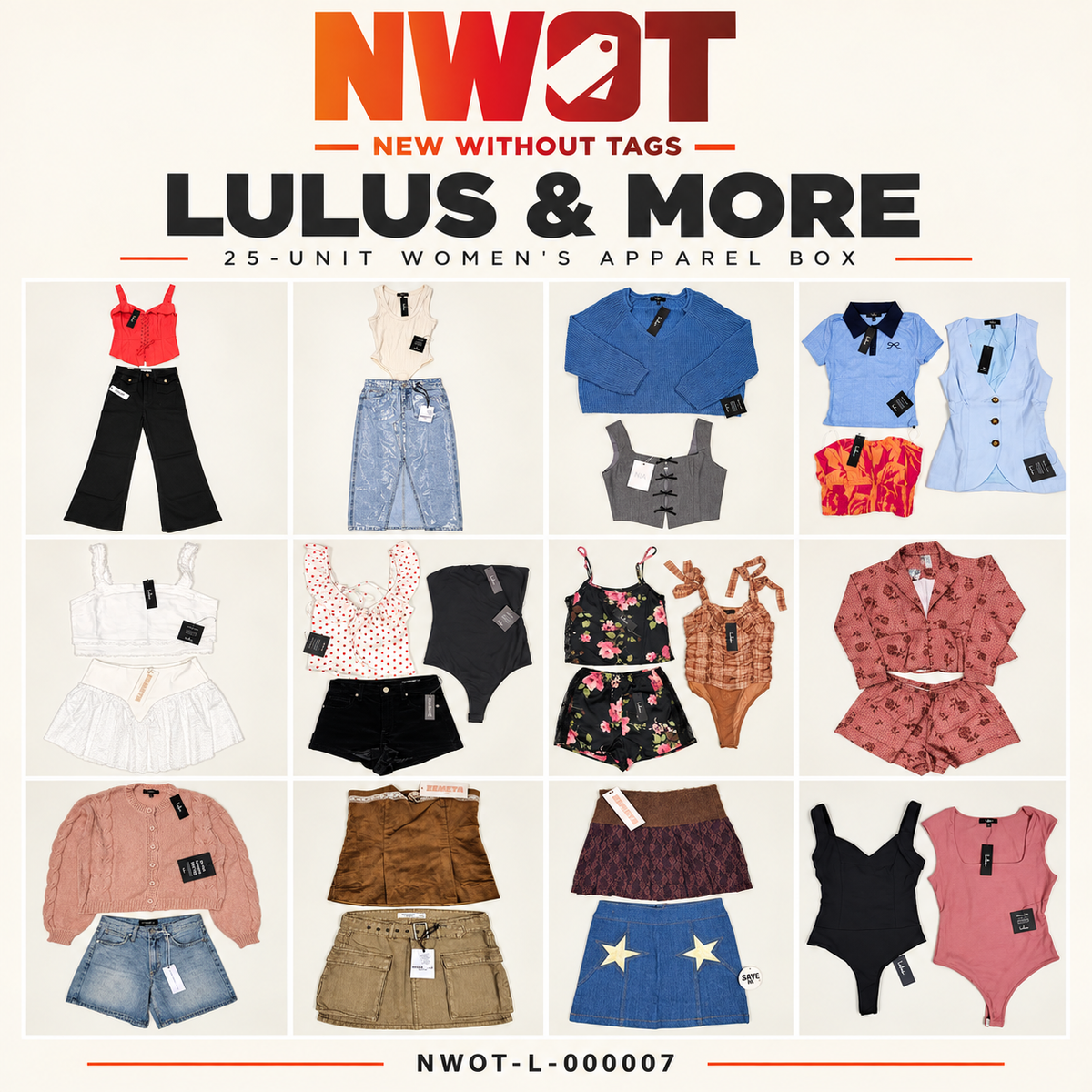 NWOT Lulus and more 25-unit women's apparel box NWOT-L-000007; stylized collage of the lot's original gallery
