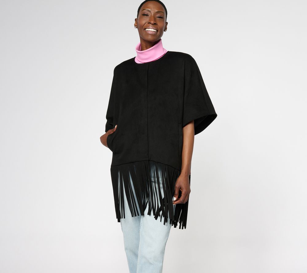 Dennis Basso Faux Suede Shawl with Fringe — Black (manufacturer stock photo)