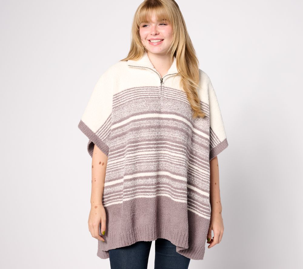 Barefoot Dreams CozyChic Striped Poncho — Driftwood/Cream (manufacturer stock photo)