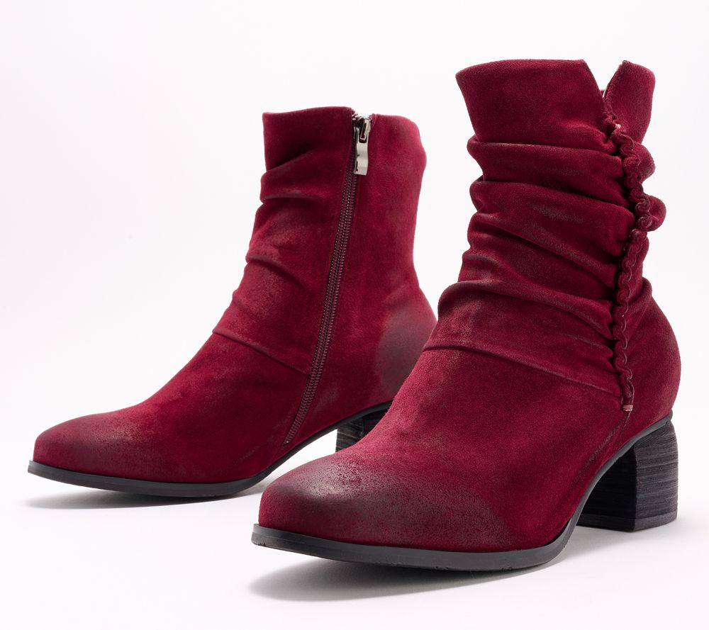 Antelope Leather Ruched Ankle Boots - Nona — Bordeaux Suede (manufacturer stock photo)