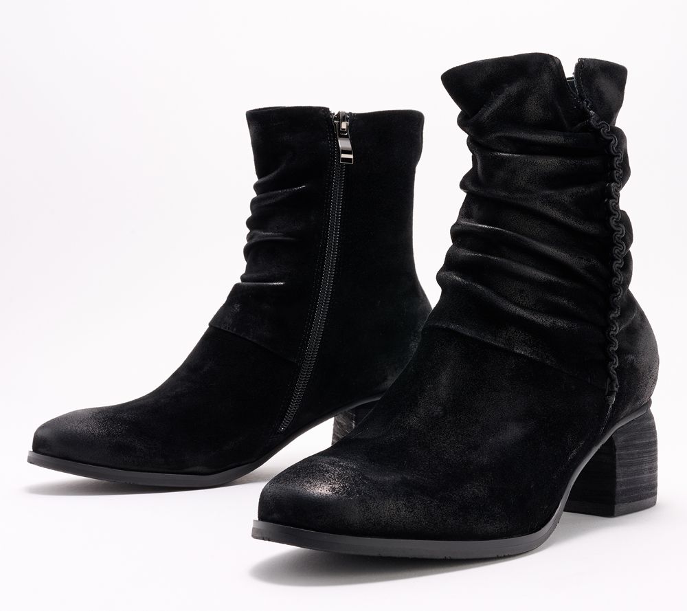 Antelope Leather Ruched Ankle Boots - Nona — Black Suede; manifested style, manufacturer stock photo