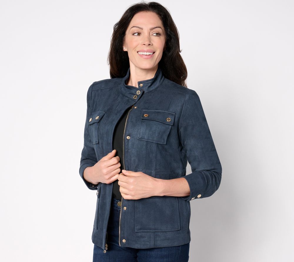Isaac Mizrahi Live! Estate Faux Suede Zip Front Jacket — Pitch Black (manufacturer stock photo)