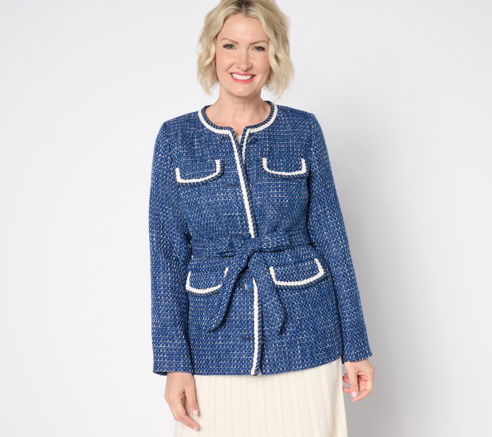 Isaac Mizrahi Live! Petite Woven Tweed Jacket with Self Tie Belt — Blue Tweed (manufacturer stock photo)