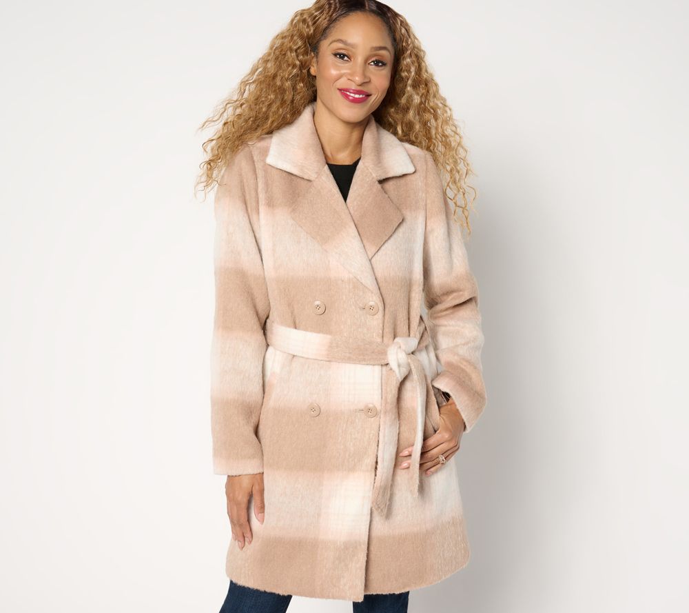 Susan Graver Regular Faux Wool Double Breasted Coat with Tie — Taupe Plaid (manufacturer stock photo)