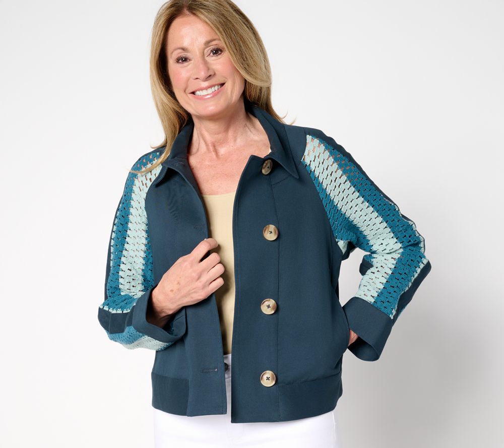 LOGO by Lori Goldstein Artisan Crochet & Twill Jacket — Indigo Combo (manufacturer stock photo)