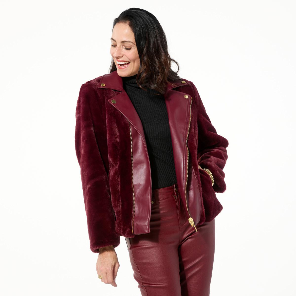 IMAN Global Chic Faux Leather and Faux Fur Jacket — Maroon (manufacturer stock photo)