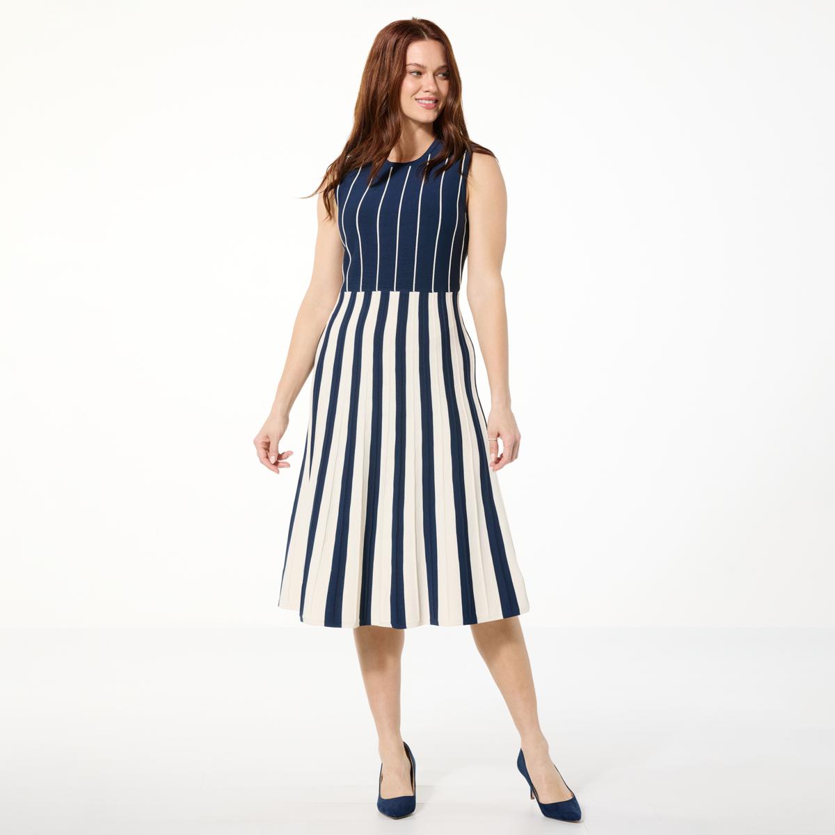 Jhoan Sebastian Grey Pleated Sweater Knit Dress — Navy/Cream Combo (manufacturer stock photo)