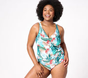 A596110 Jantzen Draped Surplice Mailot One-Piece Swimsuit — Multi Ceramic; QVC stock photo