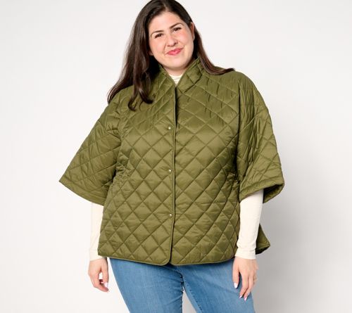 A655191 Joan Rivers Quilted 3/4 Sleeve Button Back Detailed Jacket — Dark Olive; QVC stock photo