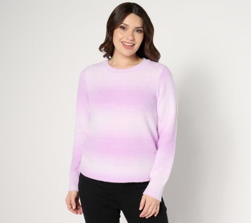 A672680 AnyBody Eyelash Yarn Long Sleeve Ombre Sweater — Amethyst; QVC stock photo