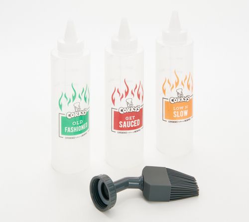 K62955 Corky's Set of 3 Sauce Bottles with Silicone Brush Head — ; QVC stock photo
