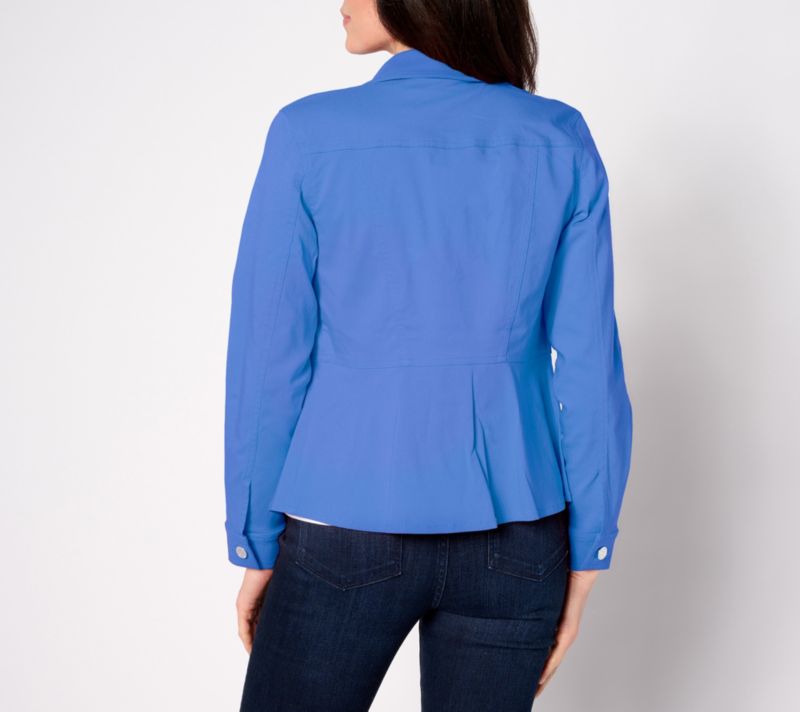 A630842 Susan Graver Uptown Stretch Button Front Peplum Jacket — Batik Blue; QVC stock photo, additional product view