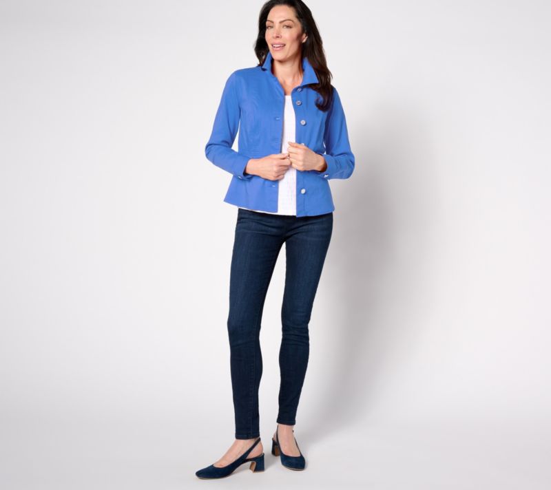 A630842 Susan Graver Uptown Stretch Button Front Peplum Jacket — Batik Blue; QVC stock photo, additional product view