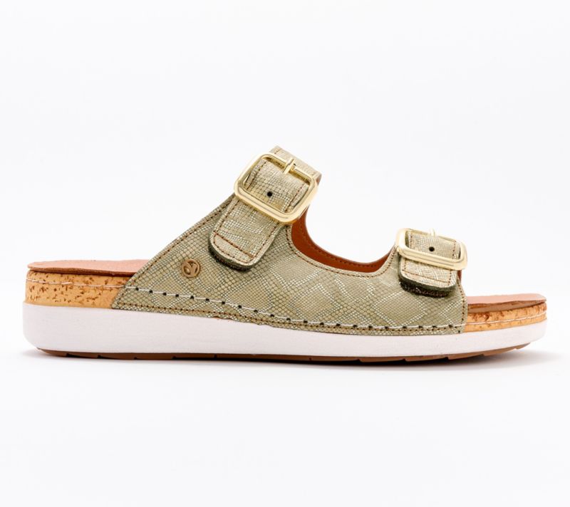 A647485 Revere Leather Double Buckle Slide Sandals Brighton — Khaki Diamond; QVC stock photo, additional product view