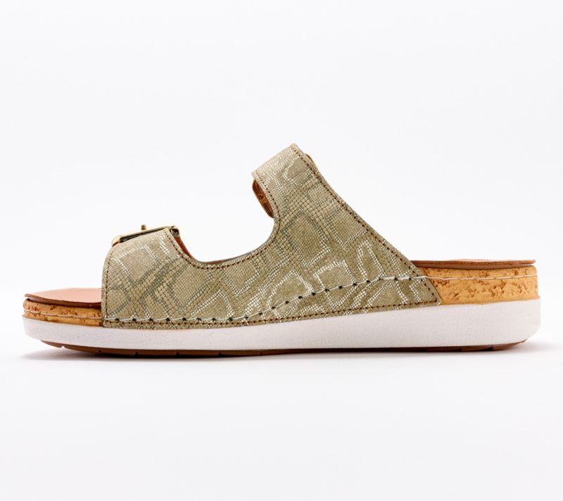 A647485 Revere Leather Double Buckle Slide Sandals Brighton — Khaki Diamond; QVC stock photo, additional product view