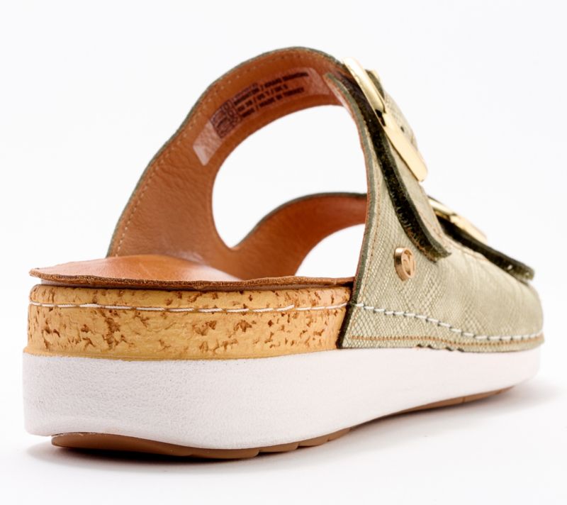 A647485 Revere Leather Double Buckle Slide Sandals Brighton — Khaki Diamond; QVC stock photo, additional product view