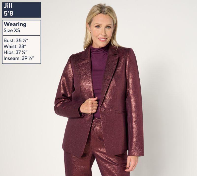 A667047 Joan Rivers Red Carpet  Petite Metallic Shimmer Blazer — Merlot; QVC stock photo, additional product view