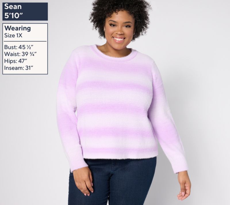 A672680 AnyBody Eyelash Yarn Long Sleeve Ombre Sweater — Amethyst; QVC stock photo, additional product view
