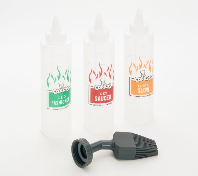 K62955 Corky's Set of 3 Sauce Bottles with Silicone Brush Head — standard configuration; QVC stock photo, product reference